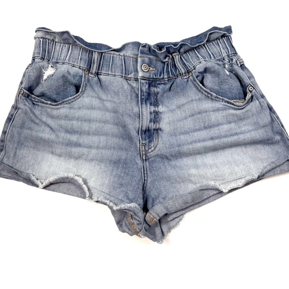 Eunina High Waisted Paper Bag Rolled Shortie Distressed Raw Hem Denim Shorts L
